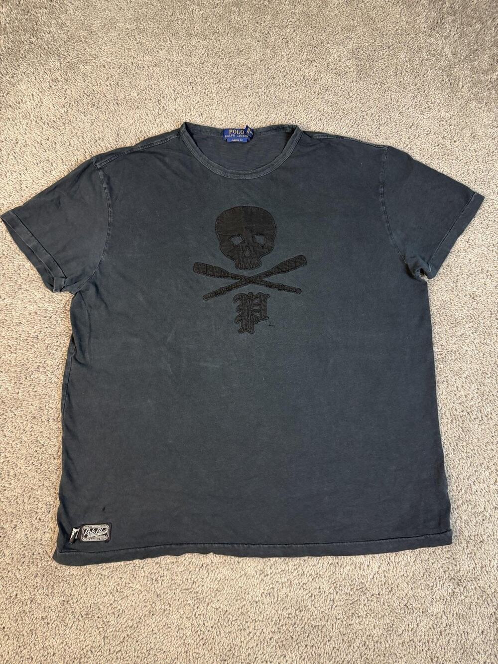 Polo Ralph Lauren Shirt Mens L Black Skull Crossbones Embroidered Crew Neck